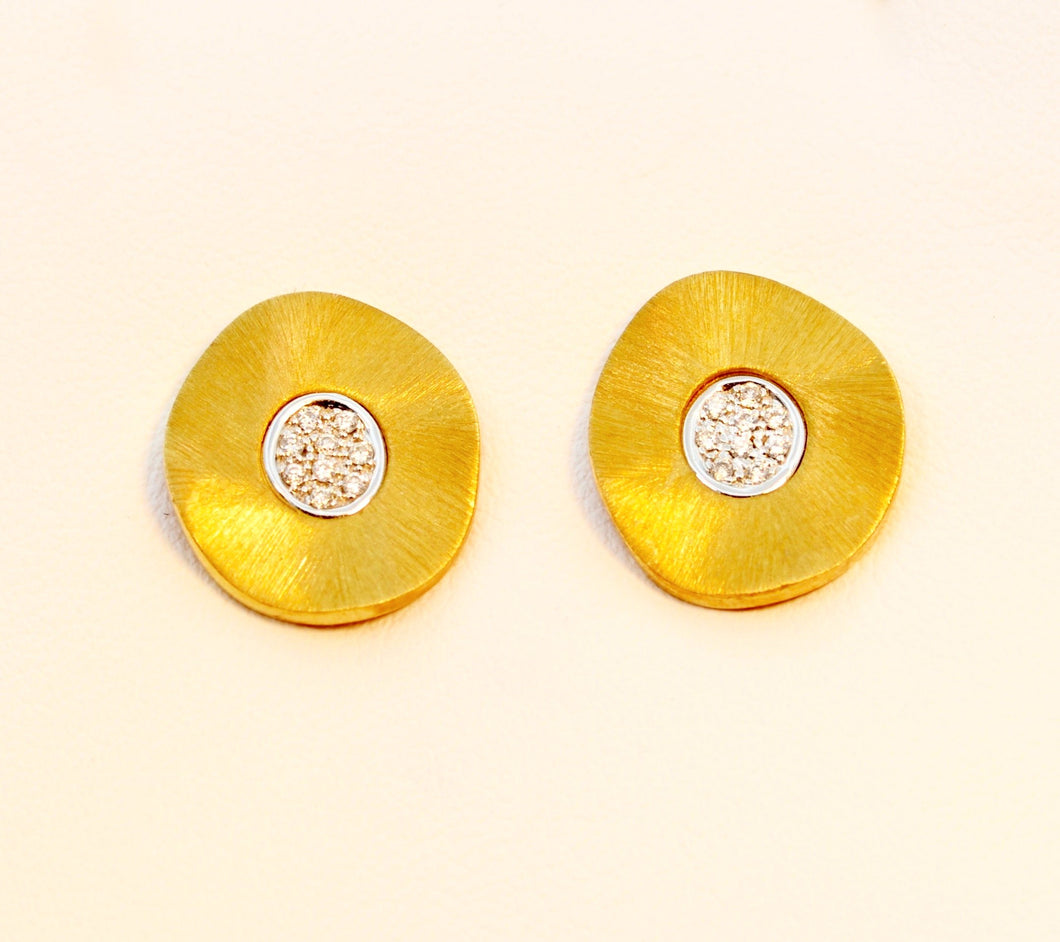 Gold Round Post Earrings with Diamond Pave Center