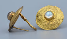 14K yellow gold,hand hammered earrings bezel-set with moon stone