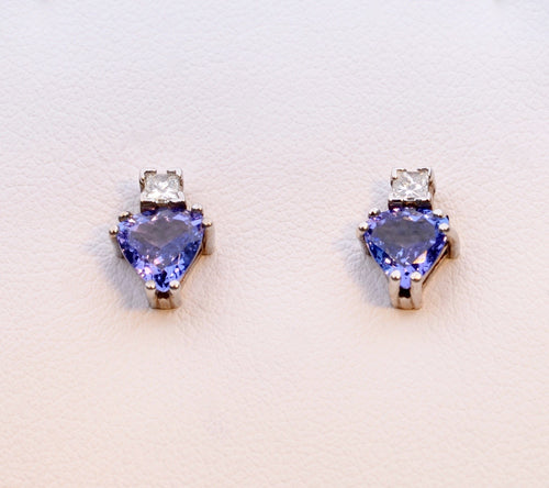 14K white gold Tanzanite stud earrings with square Diamonds