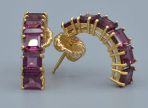 14K yellow gold hoop earring with square Rhodolite garnets
