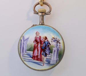 Antique Victorian pendant watch with enamel painting on  one side