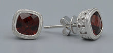 14K white gold post earrings with faceted garnets in square criss-cross cut