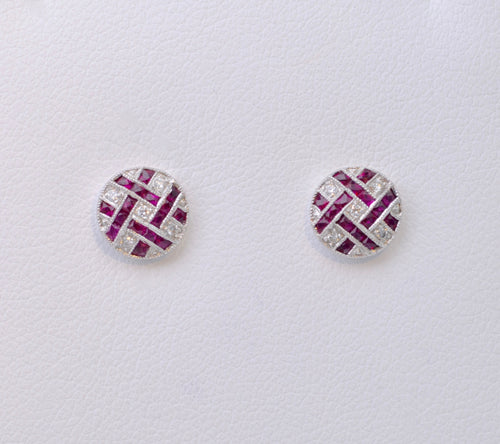 Ruby and Diamond Lattice Post Earrings in 18K White Gold