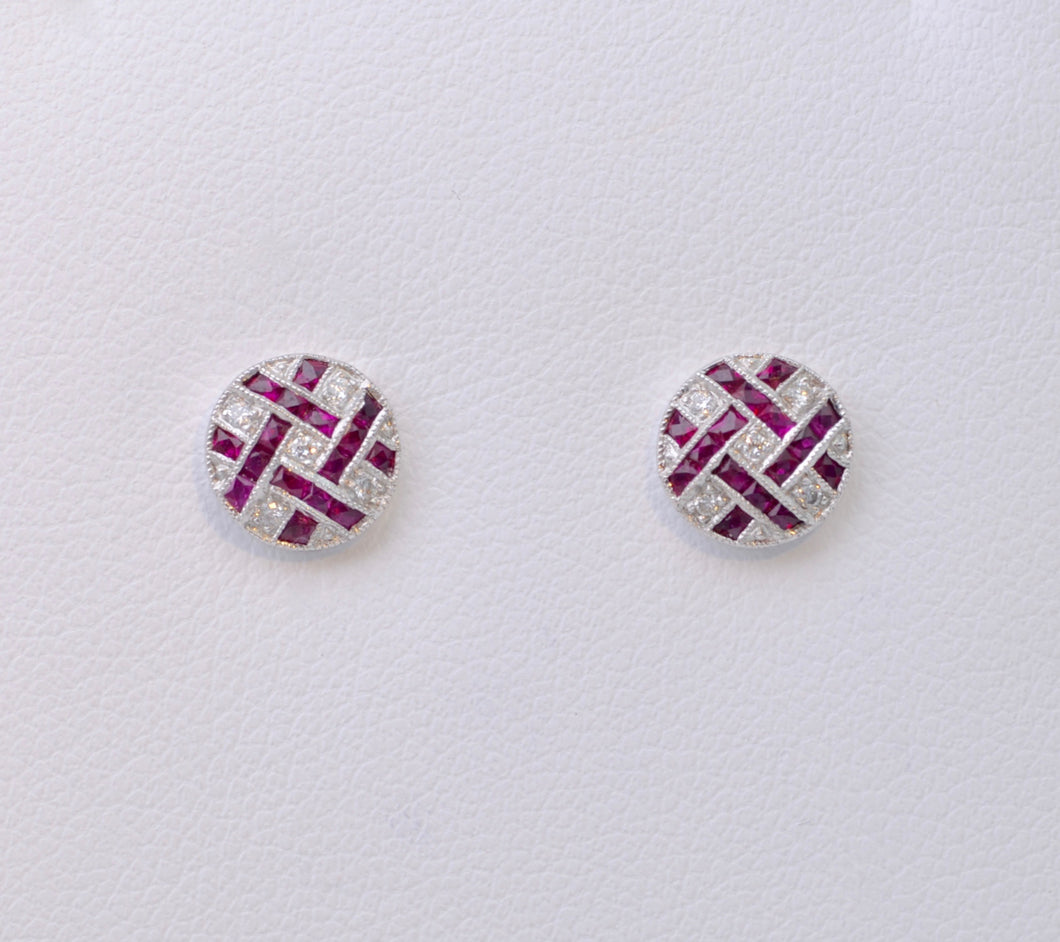 Ruby and Diamond Lattice Post Earrings in 18K White Gold