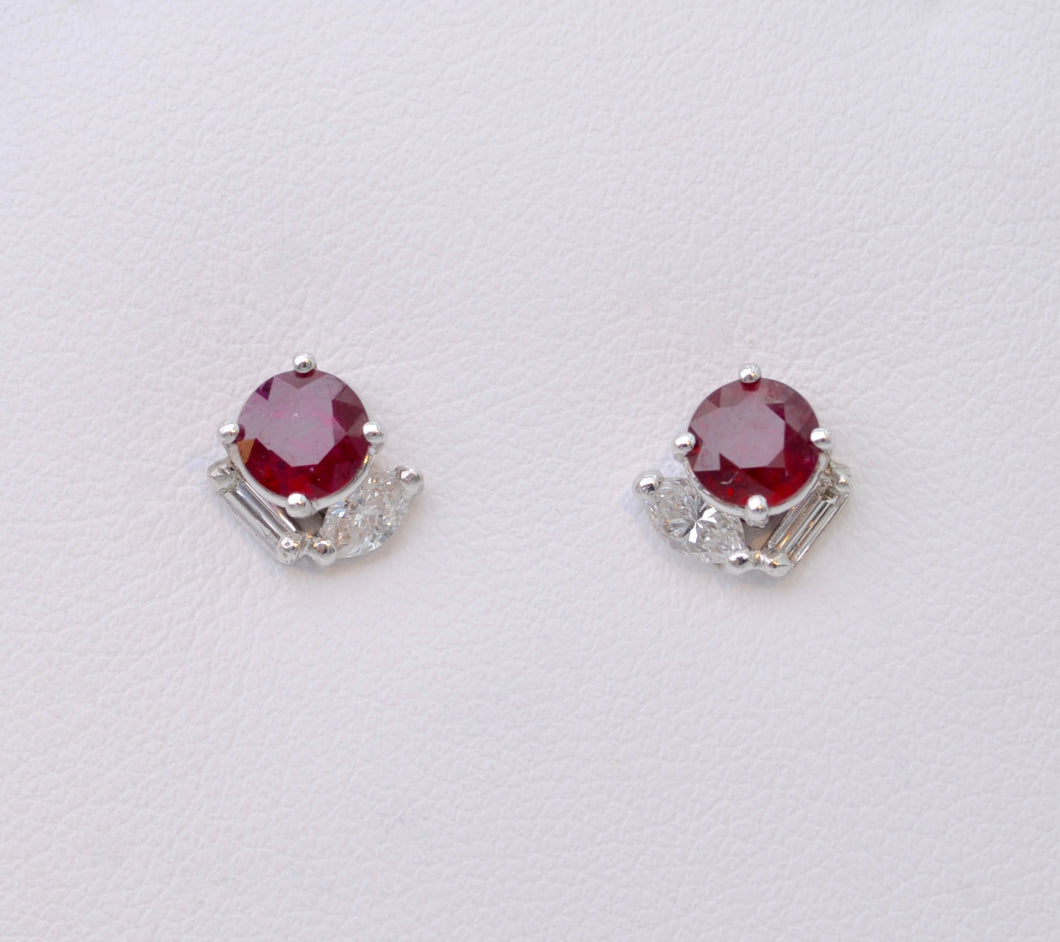 Ruby and Diamond Stud Earrings in 14K White Gold