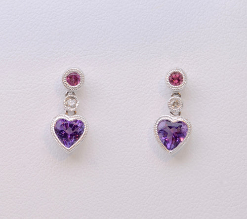 Pink Tourmaline/Amethyst Heart-Shaped Dangle Earrings in 14K White Gold