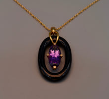 14K Yellow gold Onyx and Amethyst pendant trimmed with 4 bezeled Diamonds