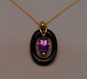 14K Yellow gold Onyx and Amethyst pendant trimmed with 4 bezeled Diamonds