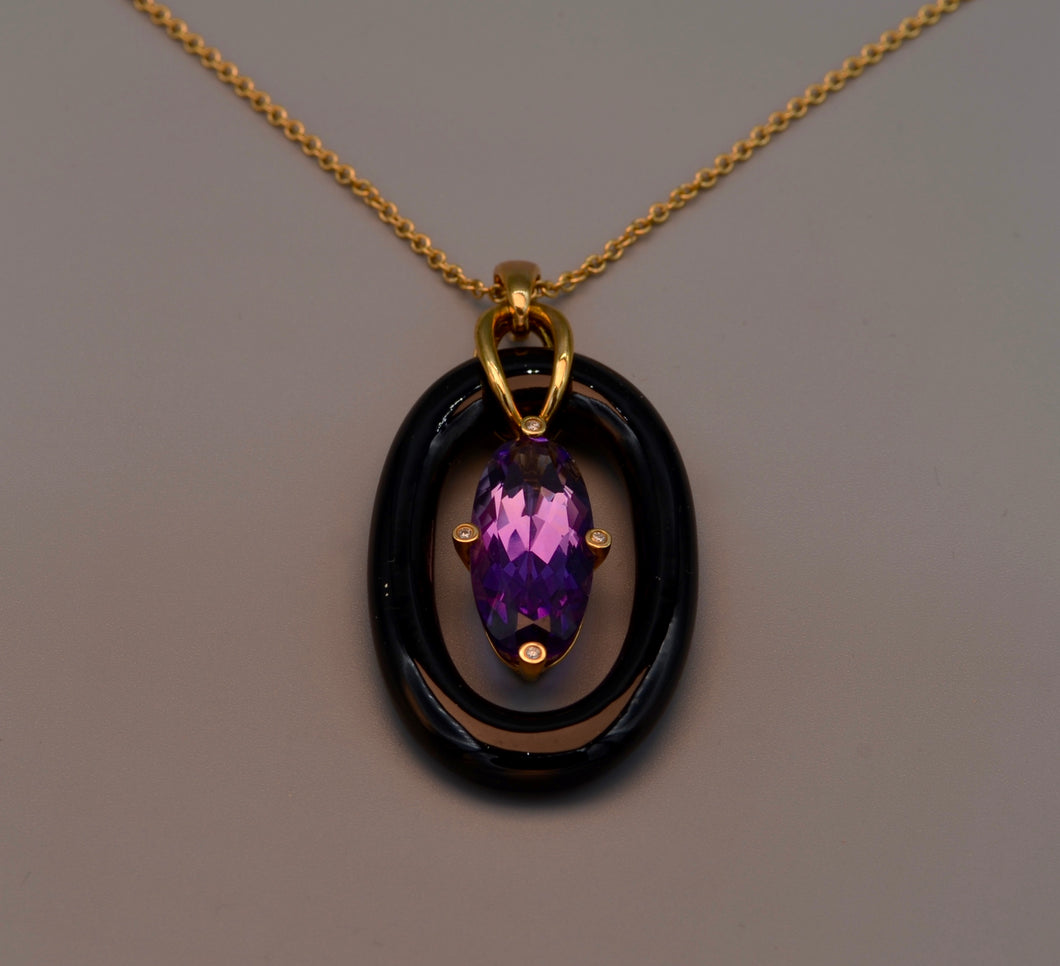 14K Yellow gold Onyx and Amethyst pendant trimmed with 4 bezeled Diamonds