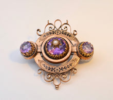 Antique 18K Rose Gold Victorian Brooch with Amethysts and Seed Pearl