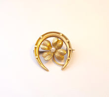 14K Antique Horseshoe and Four-Leaf Clover Brooch with Seed Pearl