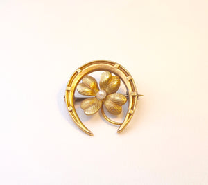 14K Antique Horseshoe and Four-Leaf Clover Brooch with Seed Pearl