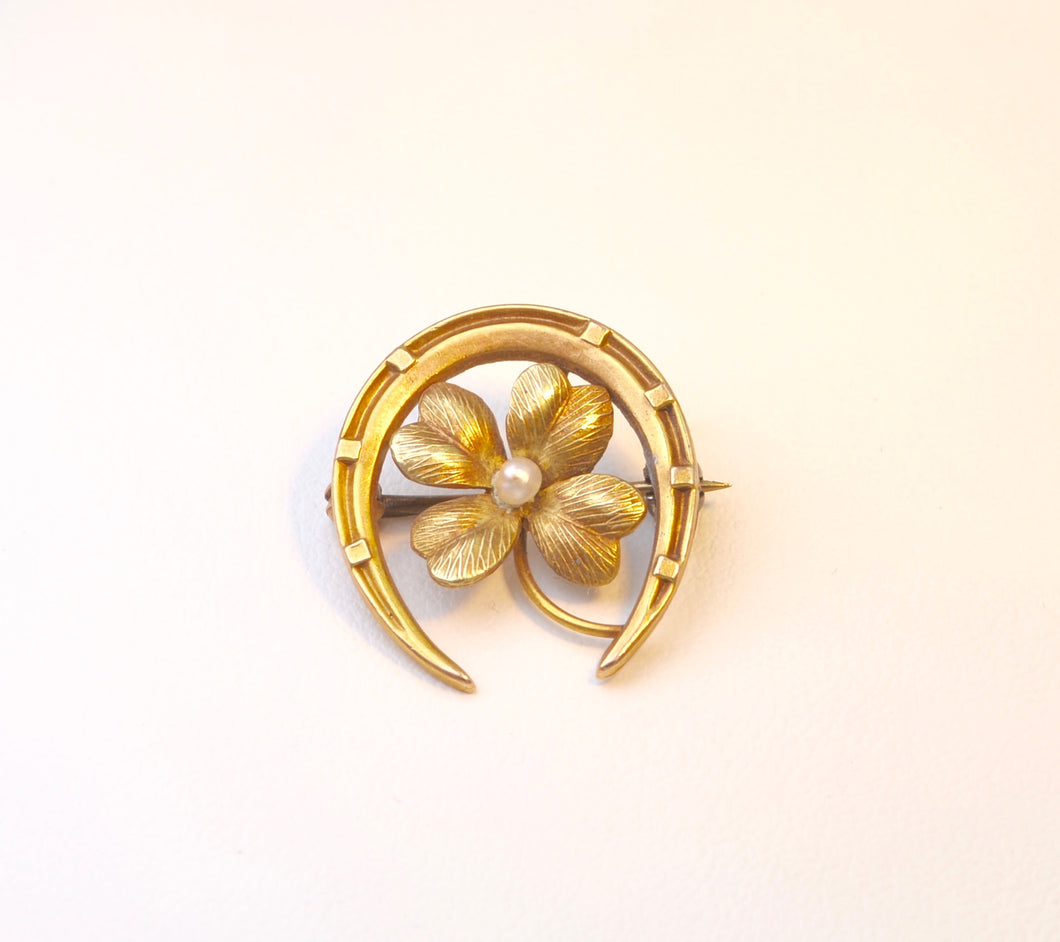 14K Antique Horseshoe and Four-Leaf Clover Brooch with Seed Pearl