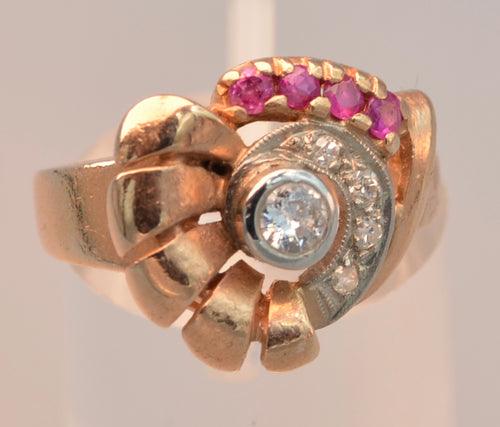 14K rose gold ring with Diamonds and Rubies, ca. 1940's