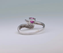 18K White Gold ring with one heart-shaped Ruby and Marquise-shaped Diamond