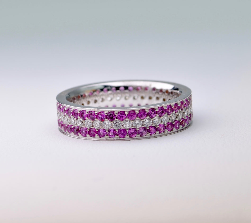 18K white gold wedding band with all-around Pink Sapphire and Diamonds