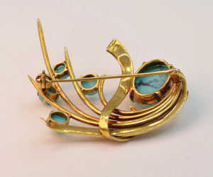 14K yellow gold brooch with Turquoises