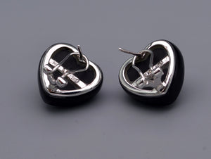 14K white gold heart-shaped onyx and diamond earrings