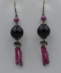 14K white gold dangle earrings 1 1/2" long with onyx, Rubies and Diamonds