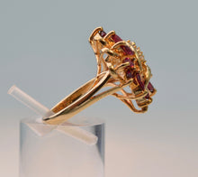 14K yellow gold Ruby/Diamond cocktail ring with  11 Marquise-shaped Rubies and 3 Diamonds