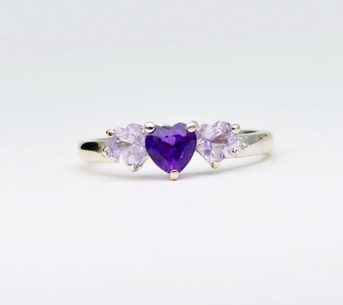 14K white gold ring with 3 heart-shaped Amethysts