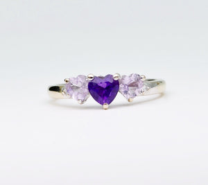14K white gold ring with 3 heart-shaped Amethysts
