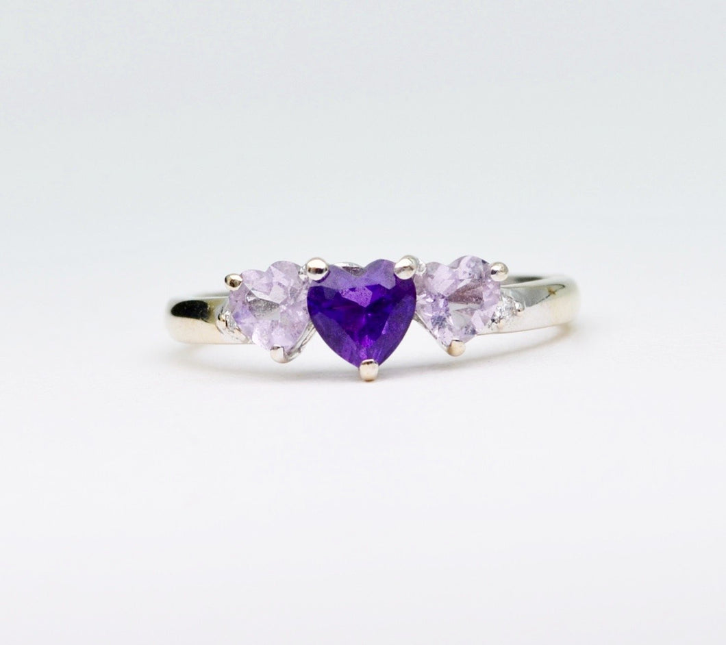 14K white gold ring with 3 heart-shaped Amethysts