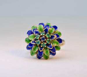 Enamel Flower Ring with Emerald and Sapphire Accents in 14K Yellow Gold