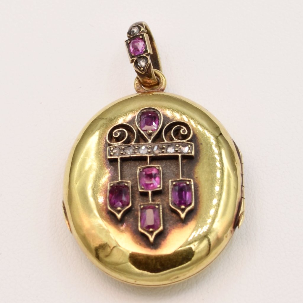 Antique 18K Yellow Gold English Victorian Locket with Rubies and Diamonds