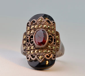 Onyx Marcasite Garnet Ring in Sterling Silver