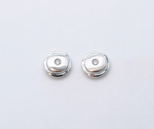 14K White Gold Button Earrings with Center Diamond