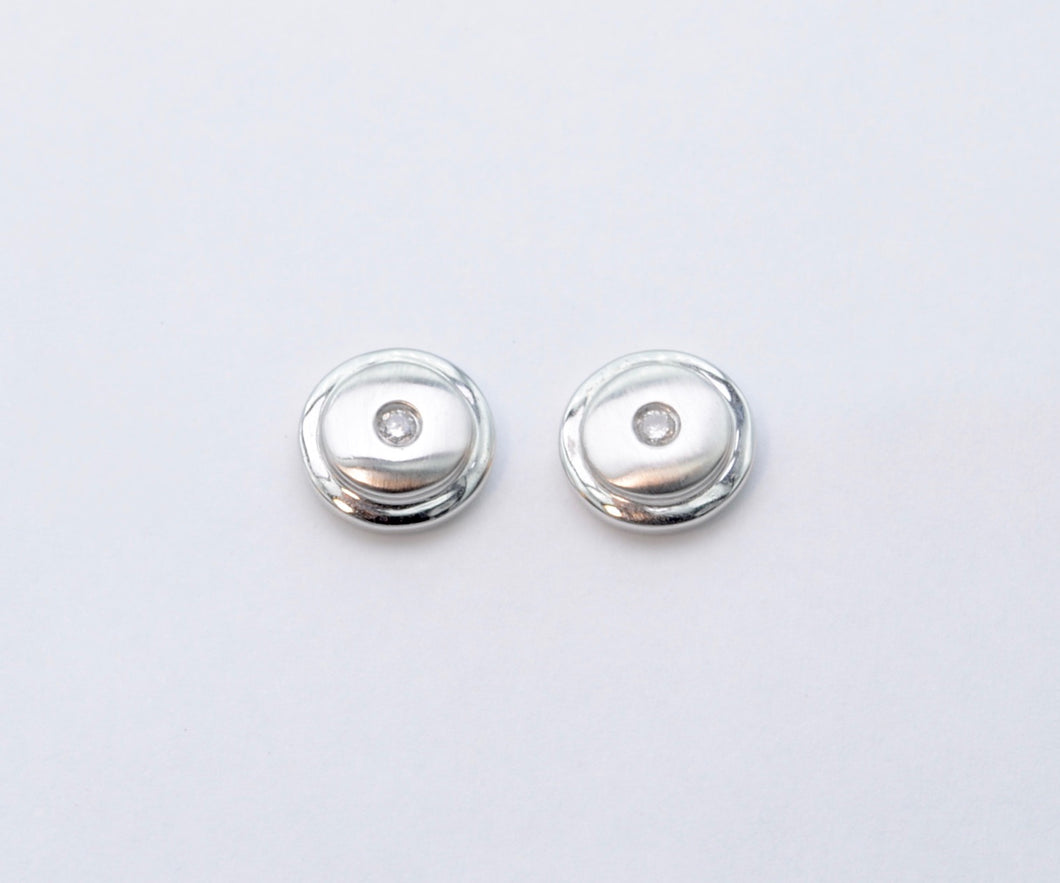 14K White Gold Button Earrings with Center Diamond