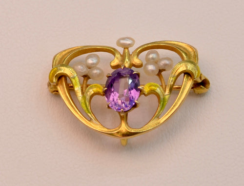 14K Art Nouveau Multi-Color Enamel with Amethyst Brooch