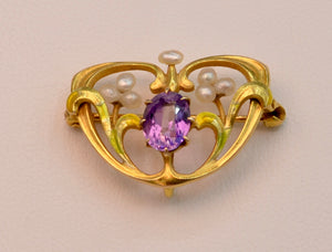 14K Art Nouveau Multi-Color Enamel with Amethyst Brooch