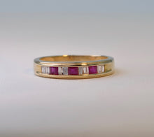 14K yellow gold Band ring with 3 square Rubies and 8 Baguette Diamonds