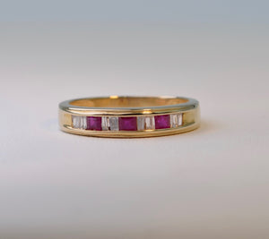 14K yellow gold Band ring with 3 square Rubies and 8 Baguette Diamonds