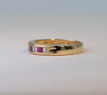 14K yellow gold Band ring with 3 square Rubies and 8 Baguette Diamonds