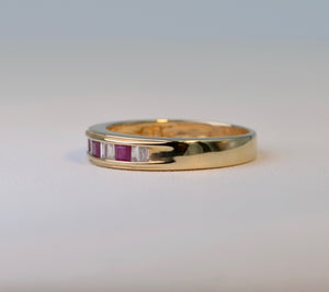 14K yellow gold Band ring with 3 square Rubies and 8 Baguette Diamonds