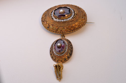 14K Yellow Gold Etruscan-Revival Brooch with Garnet and Sea Pearls